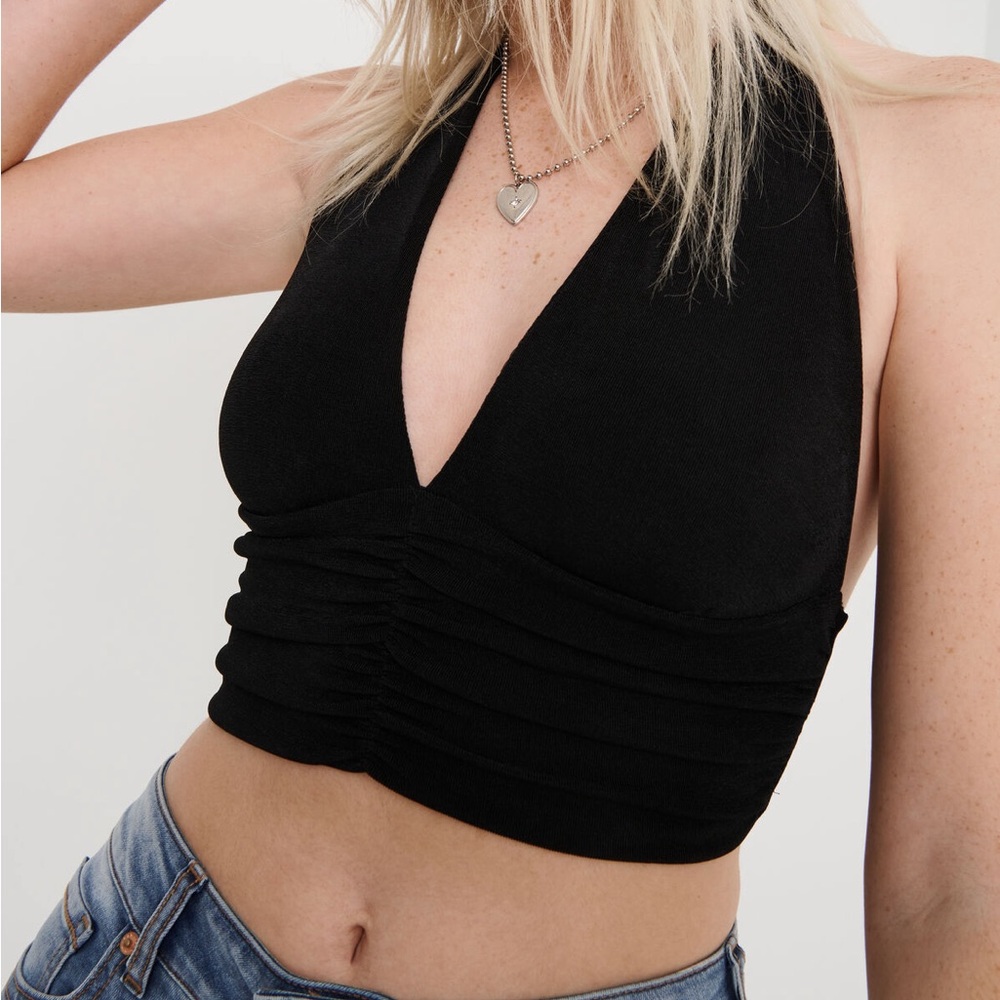 Garage Clothing Black Slinky Ruched Halter Top / Open Back Crop Top